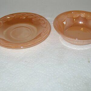 Vintage Fire King Peach Luster Laurel Leaf BOWL & PLATE Oven Ware USA  I